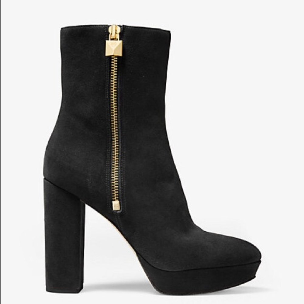 Michael Kors Black Suede Platform Ankle Boot with Gold Zip Accent
